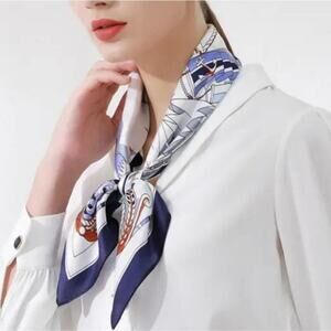 Ladies's Mulberry Silky Scarf Classic Marine Print Blue & White